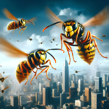 angry wasps in flight isolated on a blurred city background