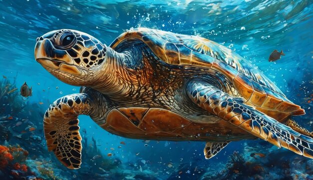  a painting of a sea turtle swimming in the ocean with a coral reef in the foreground and a school of fish in the background.