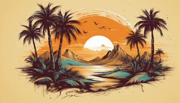  a painting of a sunset with palm trees in the foreground and a body of water in the foreground.