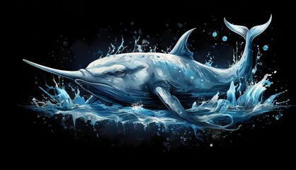  a painting of a blue whale in the water with a splash of water on it's face and it's tail. - obrazy, fototapety, plakaty