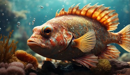  a close up of a fish with bubbles of water on it's face and a coral in the background.