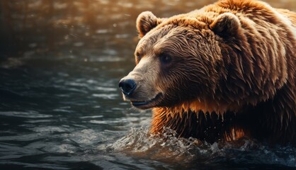  a close up of a bear in a body of water with water droplets on it's face and a blurry background.