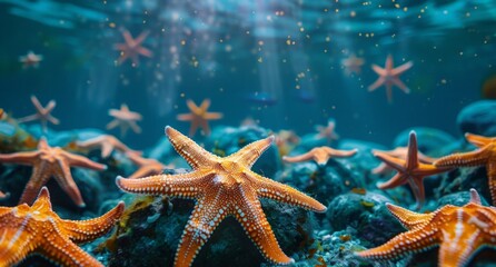 A group of starfish swim gracefully in the ocean, their vibrant colors standing out against the blue water. - obrazy, fototapety, plakaty
