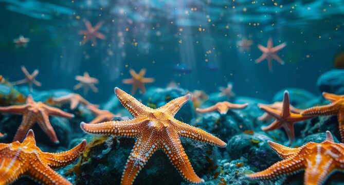 A group of starfish swim gracefully in the ocean, their vibrant colors standing out against the blue water.