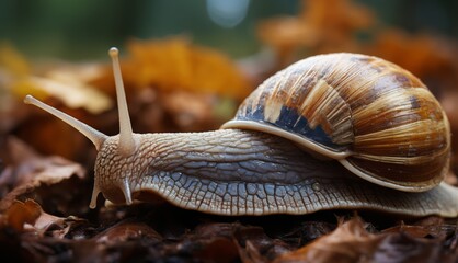  a close up of a snail on the ground with leaves in the foreground and a blurry background in the background.