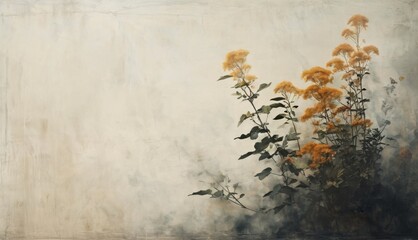  a painting of yellow flowers in front of a foggy wall with a painting of a tree in the background.
