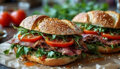  two sandwiches with lettuce, tomato, and meat on top of a piece of wax paper on a table.