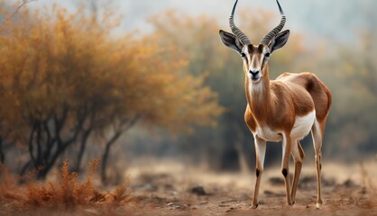  an antelope is standing in the middle of a field with trees in the background and a foggy sky in the background. - obrazy, fototapety, plakaty