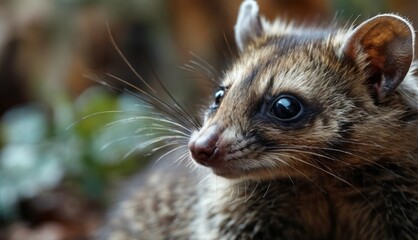  a close up of a small animal with a blurry look on it's face and a blurry background.