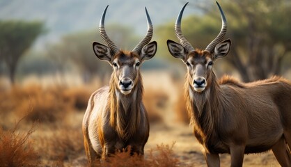  a couple of antelope standing next to each other on a dry grass covered field with trees in the background.