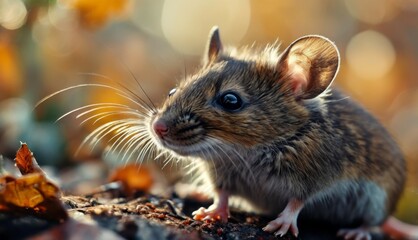  a close up of a small rodent on the ground with leaves in the foreground and a blurry background.