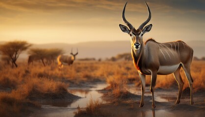  a couple of antelope standing next to each other on a dry grass field with a sunset in the background. - obrazy, fototapety, plakaty