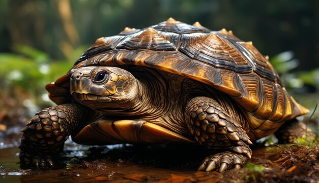  a close up of a tortoise in a body of water with grass and trees in the back ground.