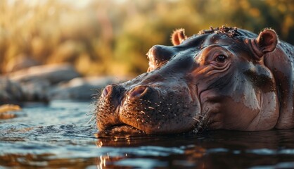  a close up of a hippopotamus in a body of water with trees and bushes in the background.