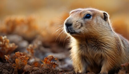  a close up of a small animal in a field of dirt and grass with a blue - eyed look on its face.