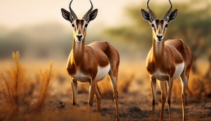  a couple of antelope standing next to each other on a dry grass covered field with trees in the background. - obrazy, fototapety, plakaty