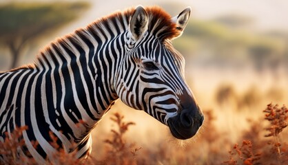  a close up of a zebra in a field of tall grass with trees in the back ground and trees in the background.