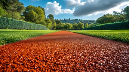 A field with running tracks for competitions. AI generate illustration - obrazy, fototapety, plakaty