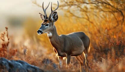  a close up of a deer in a field of grass with trees in the background and a blurry sky in the background.