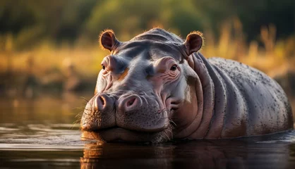 Foto op Aluminium  a close up of a hippopotamus in a body of water with its head above the water's surface. © Jevjenijs