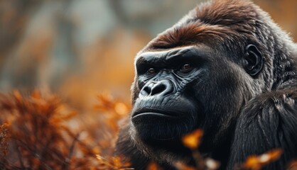  a close up of a gorilla's face in a field of brown and yellow grass with trees in the background.