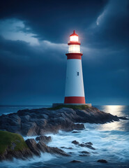 Obraz premium A lighthouse on the seashore shines at night