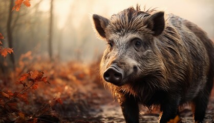  a wild boar walking through a forest with autumn leaves on the ground and a foggy sky in the background.
