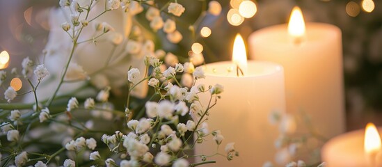 Close-up of lit candles and baby's breath flowers