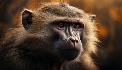  a close up of a monkey's face with a blurry background of trees in the foreground and a blurry background of leaves in the foreground.