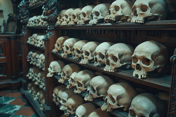 The skulls are stacked in a row 