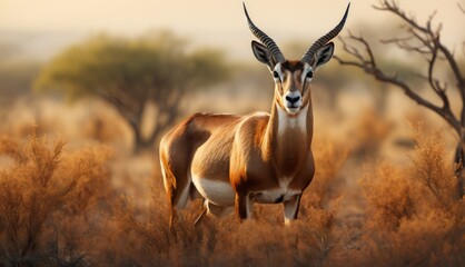  an antelope standing in the middle of a field of tall brown grass with trees and bushes in the background. - obrazy, fototapety, plakaty