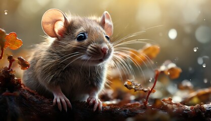  a brown rat sitting on top of a leaf covered forest floor next to a leaf covered forest floor with drops of water on it.