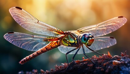  a close up of a dragonfly sitting on a piece of wood with sunlight shining on it's wings. - obrazy, fototapety, plakaty