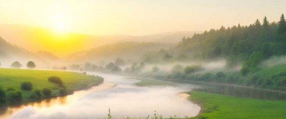 Picturesque spring or summer landscape with fog over the river and green vegetation