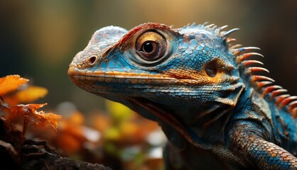  a close up of a lizard's face with orange and blue leaves in the foreground and a blurry background. - obrazy, fototapety, plakaty