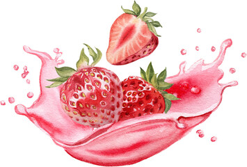 Splash of strawberries juice and flowing berries. Watercolor hand painted illustration isolated on transparent background 
