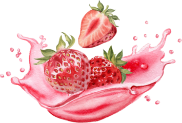Splash of strawberries juice and flowing berries. Watercolor hand painted illustration isolated on transparent background 
