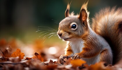  a close up of a squirrel on the ground with leaves in the foreground and a blurry background of leaves in the foreground.