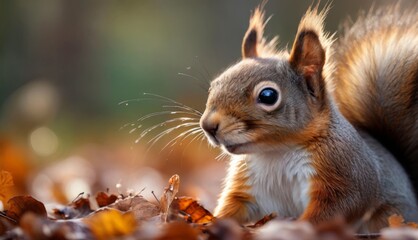 a close up of a squirrel on the ground with leaves in the foreground and a blurry background of leaves in the foreground.