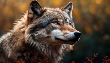  a close up of a wolf's face with a blurry background of trees and bushes in the foreground.