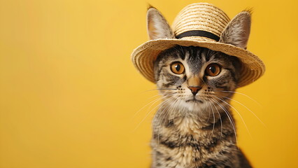 photo of cat with straw hat. summer holiday concept. With Generative AI - obrazy, fototapety, plakaty