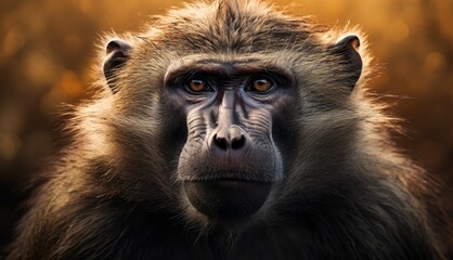  a close - up of a monkey's face with a blurry background of trees in the foreground.