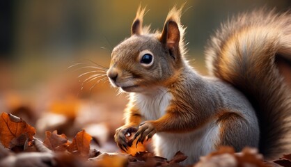  a close up of a squirrel with a leaf in the foreground and a background of leaves in the foreground.
