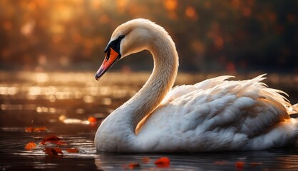  a close up of a swan on a body of water with a background of trees and water with orange flowers.