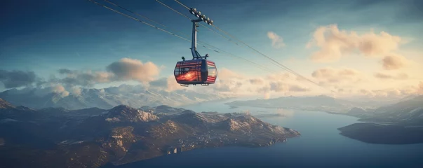 Raamstickers ski lift or Cable car lift in ski resort against blue sky © Michal