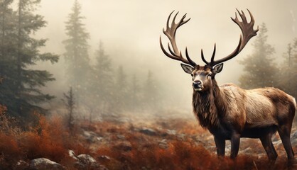  a deer with large antlers standing in a field of tall grass and trees on a foggy, foggy day.