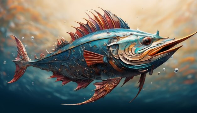  a painting of a fish in the ocean with bubbles of water on the bottom of it's back side.