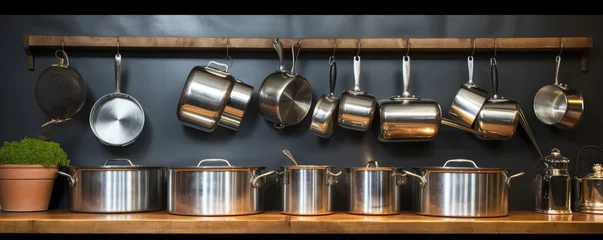 Fototapeten shiny stainless steel pots and pans in a professional restaurant kitchen setting © Michal