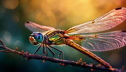  a close up of a dragonfly sitting on a twig on a twig with a blurry background. - obrazy, fototapety, plakaty
