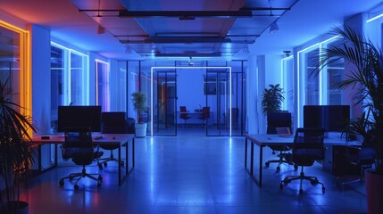 Tech startup office features minimalistic furniture, blue neon lighting, fostering creativity in the atmosphere.